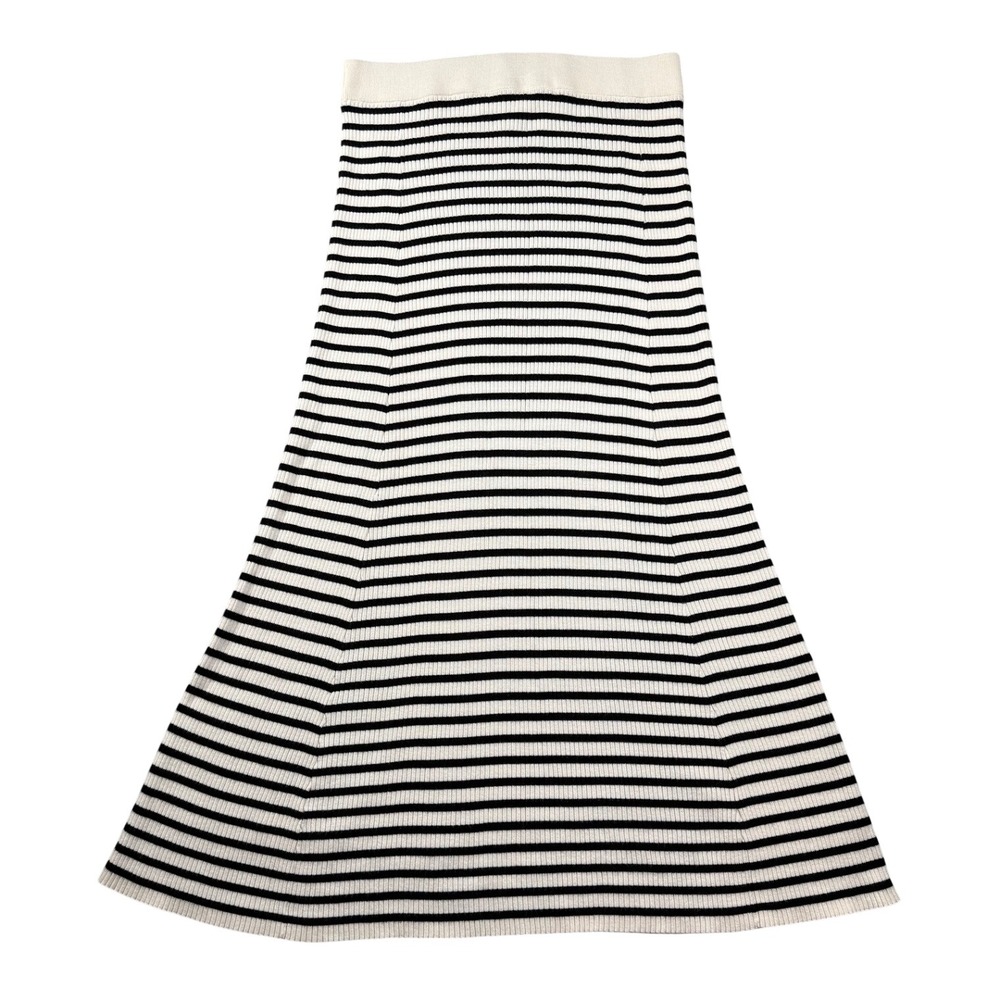 LOFT Womens Ivory Black Striped Ribbed Knit Midi Skirt Medium SP24 760849